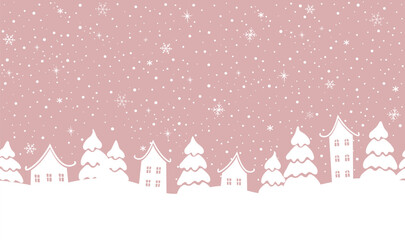 Winter Seamless Border. Christmas Village. White Houses Silhouettes, Fir Trees. Snowfall. Snowflakes. Vector Illustration on Pink Background