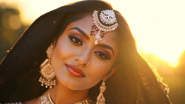 A woman in traditional Indian dress and jewelry poses against a sunset backdrop.