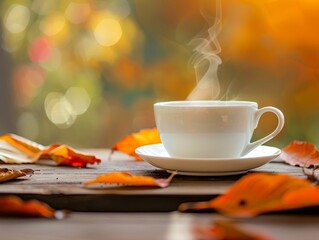 Obraz premium Warm drink in a white cup with steam autumn leaves on a table outdoors in the sunshine