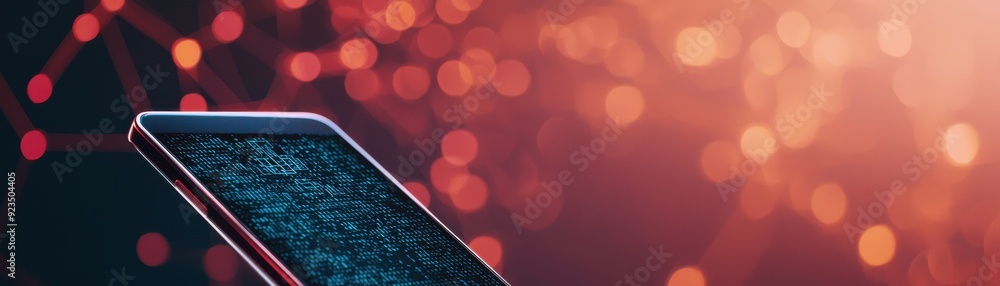 Poster smartphone with a digital interface, set against a colorful bokeh background, symbolizing technology
