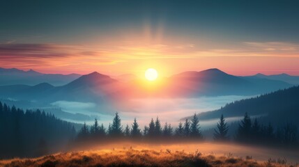 Fototapeta premium Serene Sunrise Over Misty Mountain Landscape