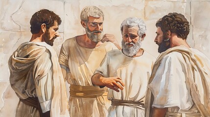 Biblical Illustration of Apostle Andrew Bringing Brother Peter to Jesus Moment of Family and Faith on Beige Background with Copyspace