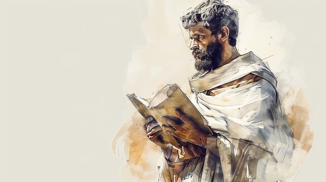 Biblical Illustration of Apostle Bartholomew Holding Gospel Symbolizing Role in Spreading Word on Beige Background with Copyspace