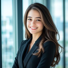 Fototapeta premium Smiling young professional woman in office setting