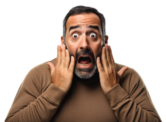 Latin American mature man expressing fear with open eyes and hands on face