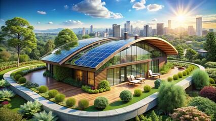 Fototapeta premium solar panels seamlessly blended into the curved roof of a futuristic eco-friendly home amidst a lush urban garden oasis with vibrant cityscape views