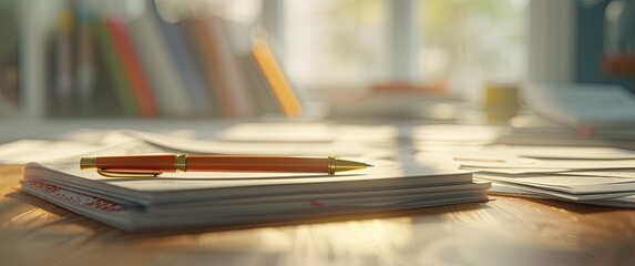 Pen resting on desk with softly blurred background of papers and notebooks Invites focus and creativity 🖋️📖 Ideal for enhancing any productive workspace