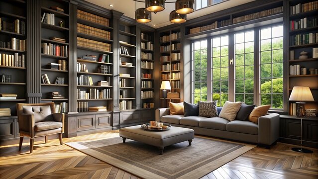 Spacious natural-lit home library with custombuilt bookshelves and comfortable reading nook for a black bookworm