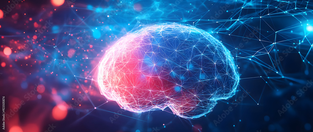 Poster for technology design stock, abstract brain background with polygonal grid, blue gradient color