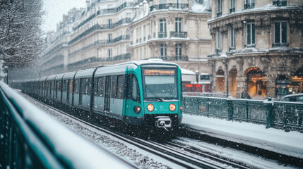Naklejka premium Paris Metro train arriving at a snowy underground station, with elegant Art Nouveau architecture and frosty windowpanes.