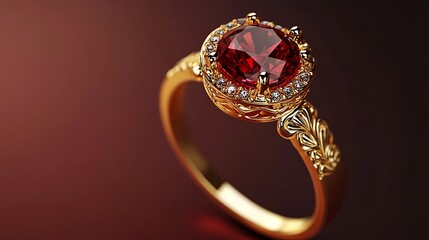 Exquisite Ruby Ring on Ornate Gold Band Against Burgundy Background - Luxury Romance Concept 3D Render