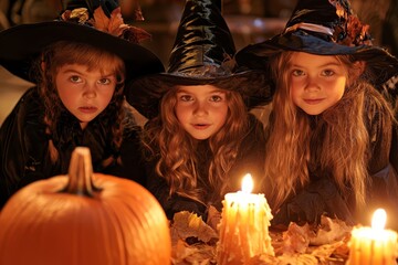 Fototapeta premium Children in witch costumes gather around a pumpkin and candles for Halloween festivities