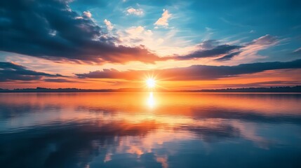 Fototapeta premium Serene Sunset Over Calm Lake with Reflections