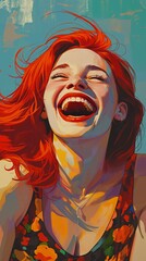 Vibrant Illustration of a Joyful Redhead Woman Laughing. 