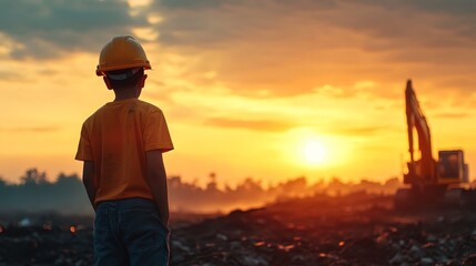 Fototapeta premium Child watching construction site at sunset