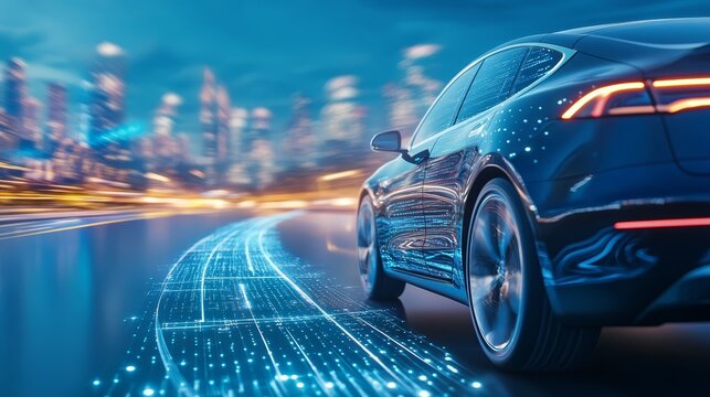Futuristic Electric Car Driving in Digital City