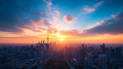Fototapeta premium Urban cityscape at sunrise with vibrant sky
