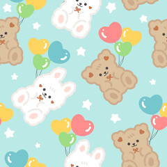 Cute brown teddy bears with white rabbits blue background with colorful balloons and stars, kids seamless pattern background for girl. Wrapping paper design, fabric and textile print