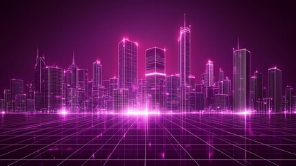 Naklejka premium Futuristic Neon Magenta City Skyline with Grid Lines and Floating Islands - 80s Vector Art Style