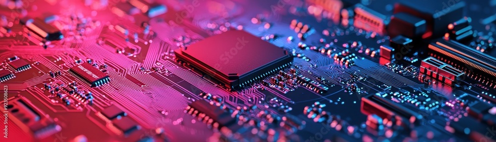 Poster a computer circuit board with vibrant colors, showcasing electronic components and intricate details