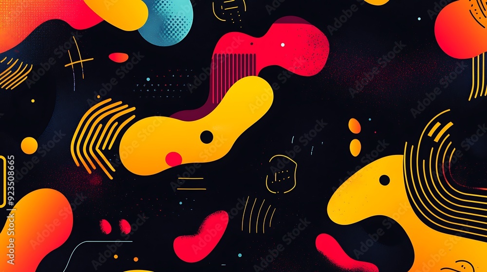 Poster playful abstract vector background with colorful shapes and curves on dark black backdrop for graphi