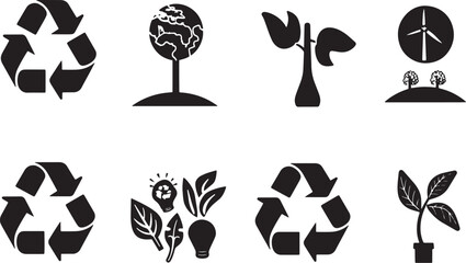 A clean vector icon set including a clean energy, recycling, global warming awareness, and organic products .icons in black and white style with isolated on white