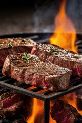 Juicy Grilled Beef Steaks on Flaming BBQ Grill