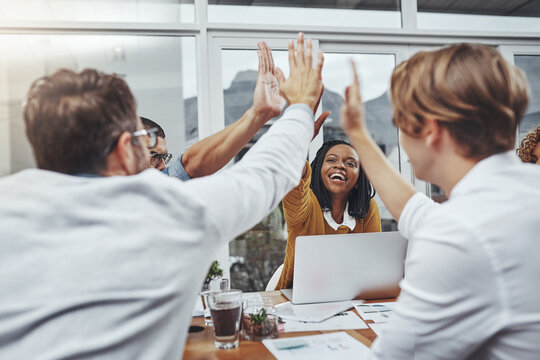 People, diversity and high five for team building, success and business meeting in office. Group, employees and happiness for support, project and celebration for collaboration, creativity or career