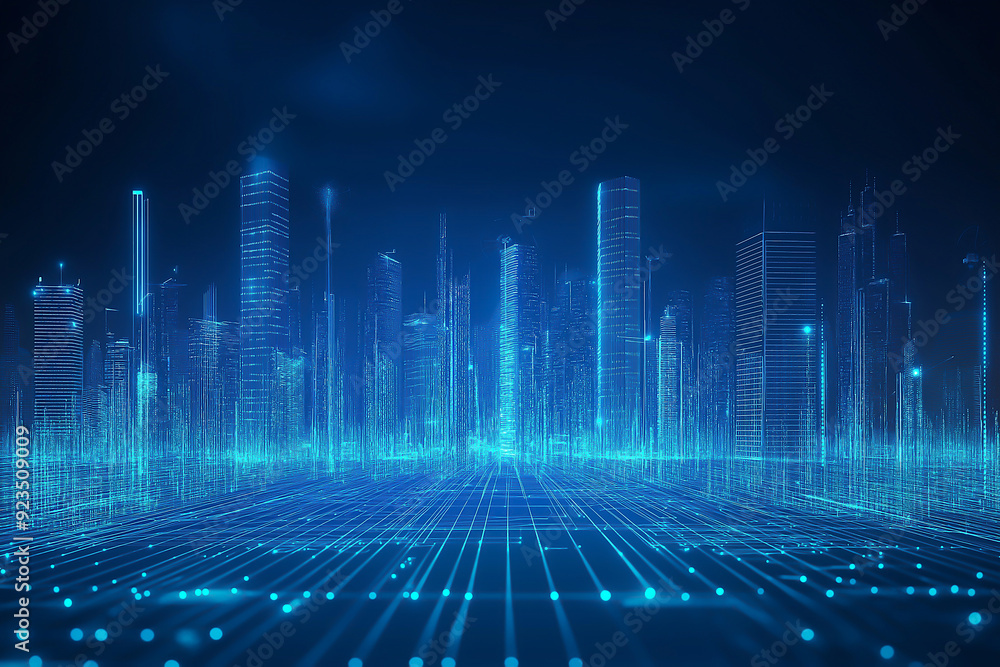 Poster abstract blue lines on a technology and ciyscape background for presentations or futuristic web desi