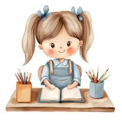 Cute schoolgirl at the desk, watercolour illustration isolated on a transparent background