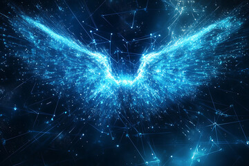 Abstract digital background banner featuring an angel with data connection elements in blue and black colors