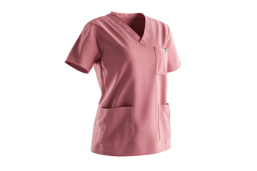 Pink medical scrub top with pockets for healthcare professionals, isolated on transparent background.