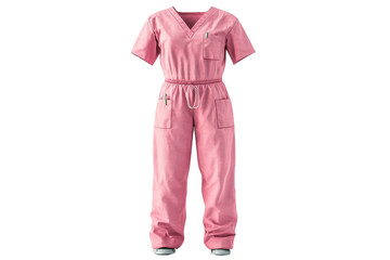 Pink medical scrubs set with short sleeve top and pants, isolated on transparent background. Professional healthcare uniform for doctors and nurses.