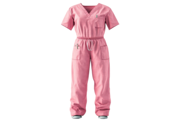Pink medical scrubs set with short sleeve top and pants, isolated on transparent background. Professional healthcare uniform for doctors and nurses.