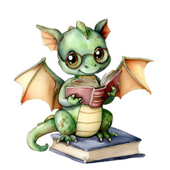 Cute baby dragon with a book and glasses on, watercolour illustration isolated on a transparent background