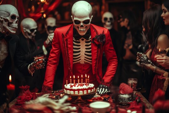 Skeleton man in dapper red suit celebrates his birthday with famous monsters at a spooky gathering