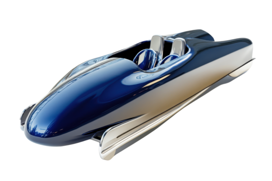 Sleek futuristic bobsled with a modern design, metallic blue, and silver finish, isolated on a transparent background.