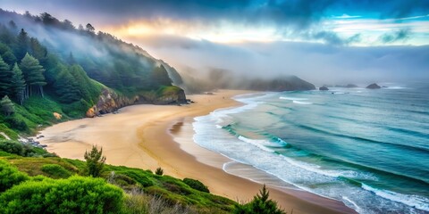 Naklejka premium Veiled Coastal Sanctuary: Fog shielding beach from view, serene, secluded, hidden, cool tones