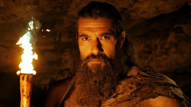 Hairy bearded primeval Caveman Wearing Animal Skin Standing in Cave At dark Night, Hold burning torch Looking at camera. Stone age person face portrait. Old ancient man discover fire.