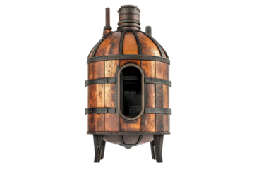 Vintage wooden barrel sauna heater with stovepipe, isolated on white. Rustic design for traditional steam sauna experiences.