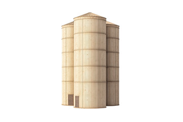Wooden grain silos stand tall against a transparent background. showcasing their rustic design and sturdy construction for agricultural storage.