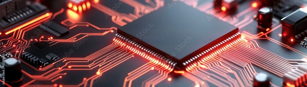 Poster modern computer circuit board showcasing intricate details and glowing circuitry in vibrant red tone