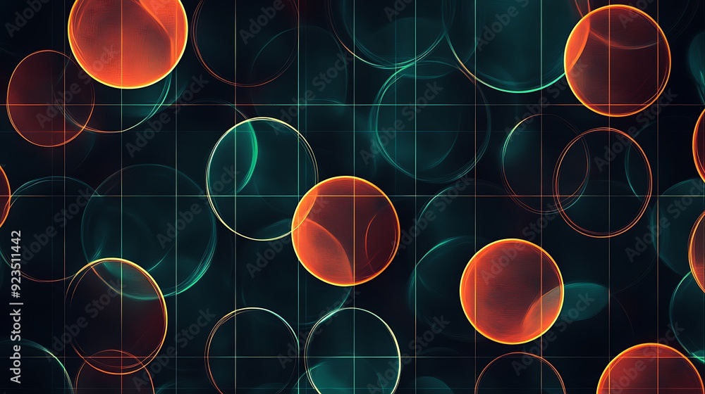 Poster futuristic neon cyan and orange circle pattern on dark grid background - vector graphic design