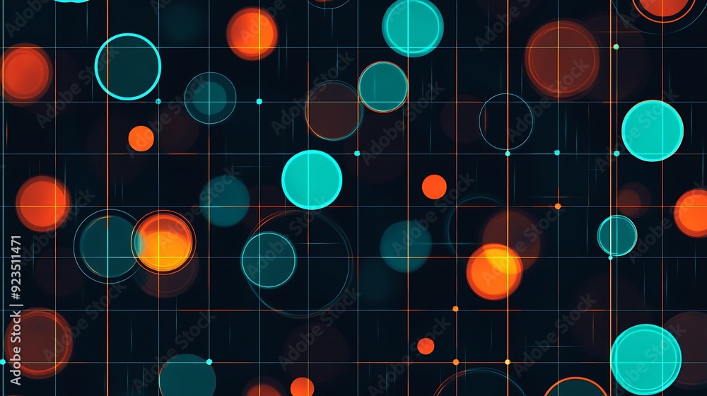 Poster cyberpunk vibe - seamless neon cyan and orange circles on black grid background vector pattern with 