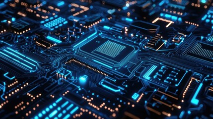 Obraz premium Illuminated Future Tech: Glowing Blue Futuristic Circuit Board Pattern