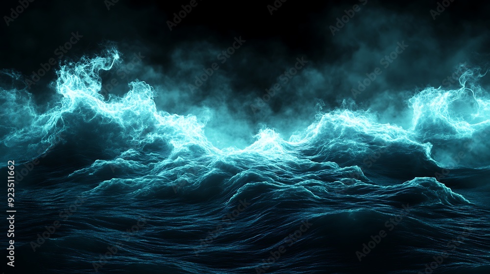 Aufkleber Illuminated Ocean Serenity - Abstract 3D Waves with Particles and Mist in Teal Cyan Navy Tones on Dark Background