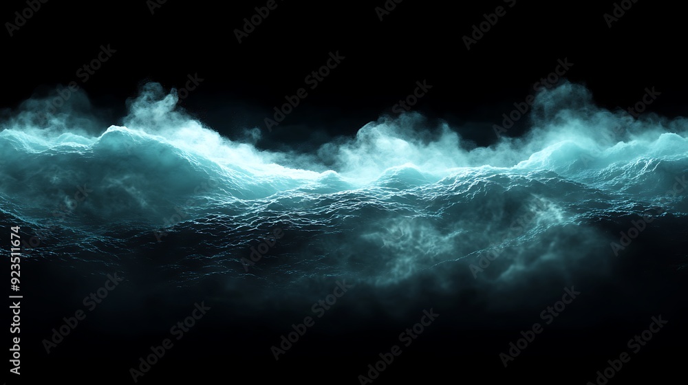 Aufkleber illuminated teal ocean waves: abstract 3d render with mist and particles on black background
