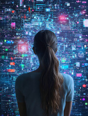 A woman is looking at a computer screen with a lot of information on it