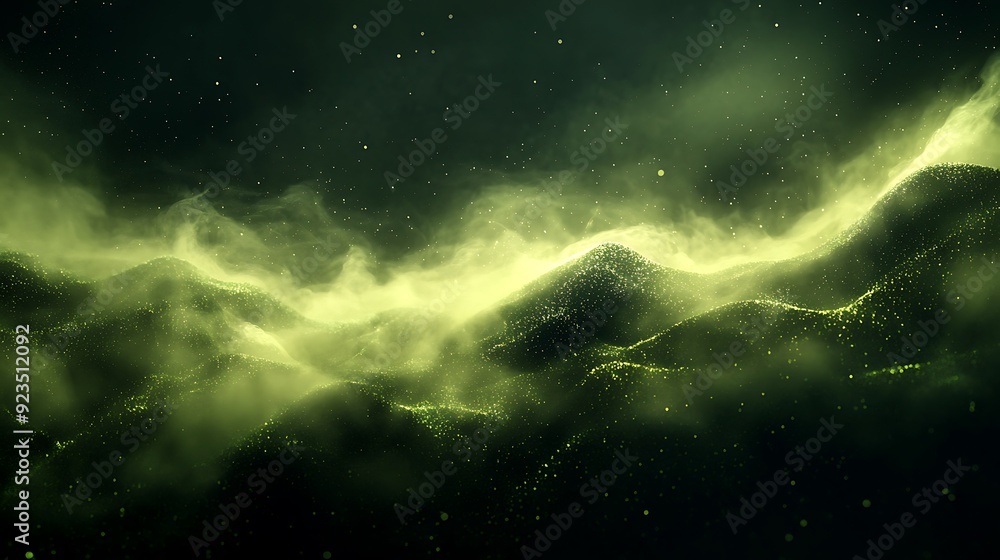 Poster luminous lime green abstract hills with particles and smoke - 3d render on dark background