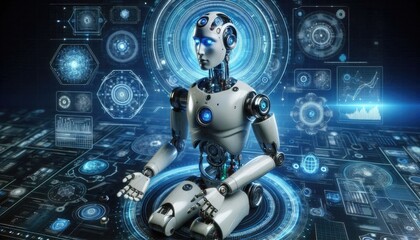 Fototapeta premium a blue robot with a blue head and blue eyes sits in a blue and white room with a blue and white robot in the middle.